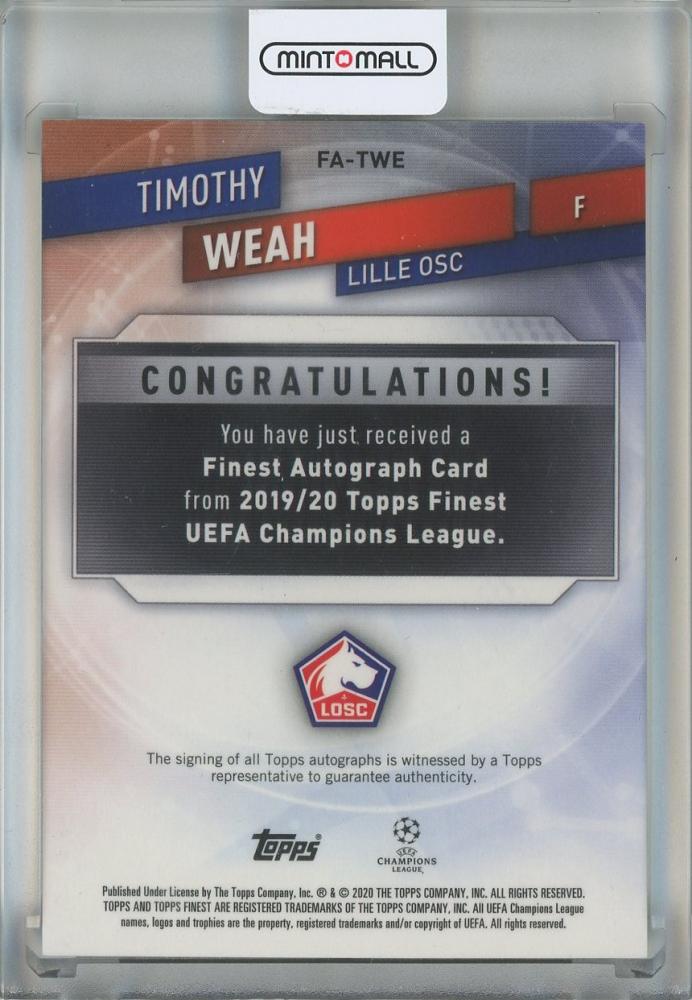 2020 Topps Finest UEFA Champions League Timothy Weah Autographs #FA-TWE20/99 LILLE OSC