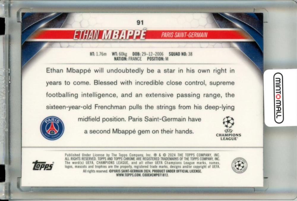 2023-24 Topps Chrome UEFA Club Competitions Ethan Mbappe #91 RC Aqua Wave Refractor151/199 Paris Saint-Germain *minor stain on bac