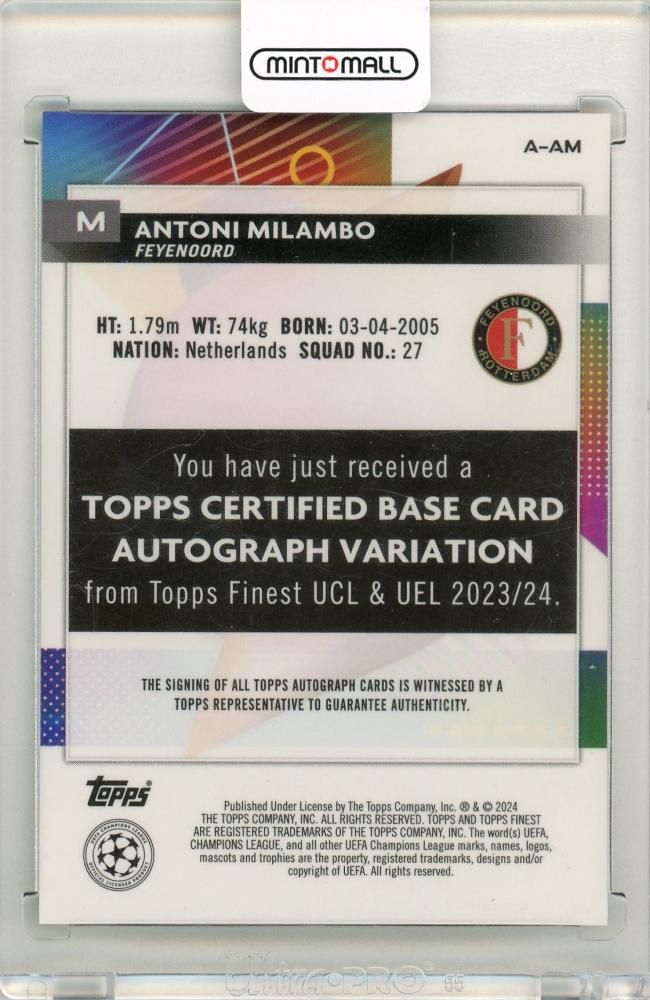 2023-24 Topps Finest UEFA Club Competitions Antoni Milambo Neon Green Refractors Autograph30/99 Feyenoord