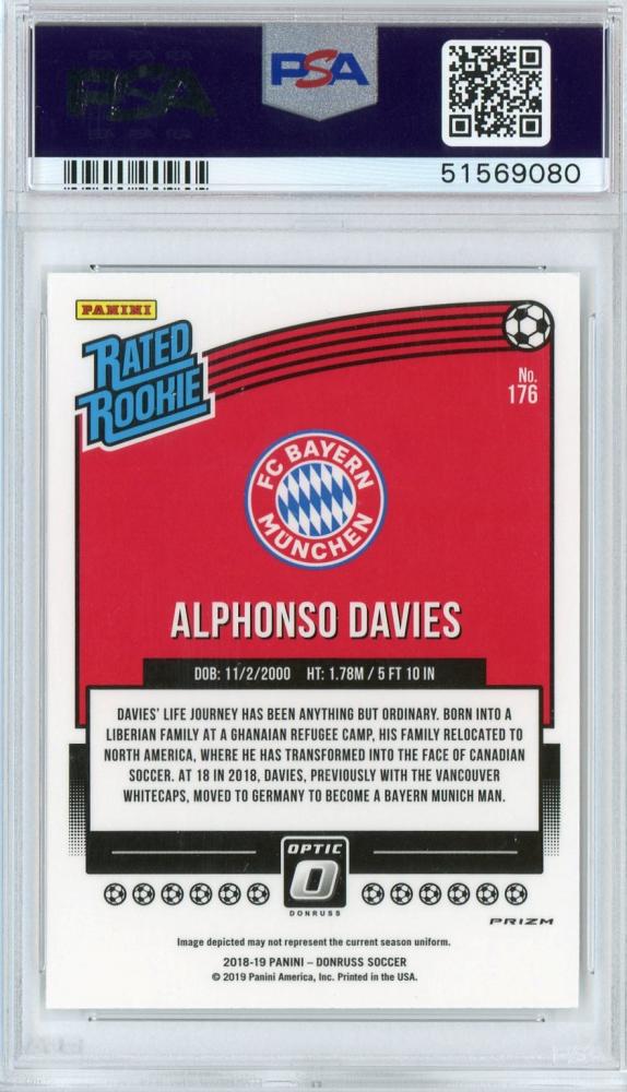 2018-19 Donruss FC Bayern Munich Alphonso Davies Base Optic Rated Rookie Holo PSA 9 parallel card