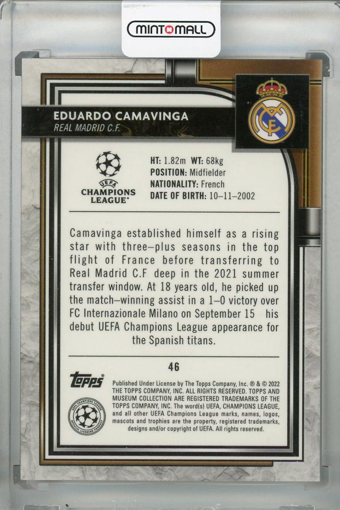 2021-22 Topps Museum Collection UEFA Champions League Eduardo Camavinga Real Madrid Base Amethyst trading card 77 of 99