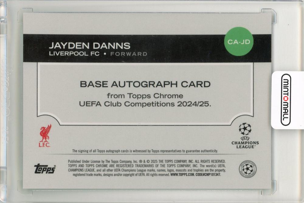 2024-25 Topps Chrome UEFA Club Competitions Jayden Danns Green Refractors Autograph09/99 Liverpool FC