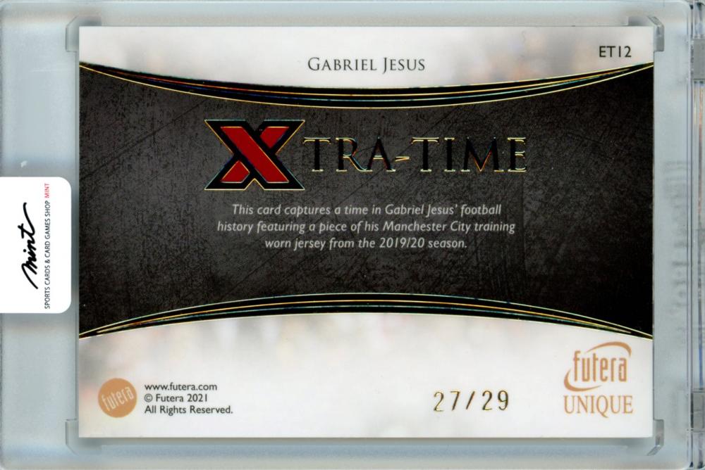 2021 Futera Unique Gabriel Jesus XTRA-TIME Training used memorabilia card numbered 27 of 29