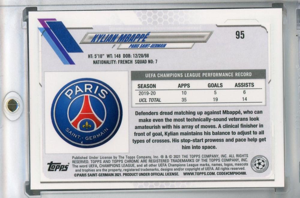 2020-21 Topps Chrome UEFA Champions League Paris Saint-Germain Kylian Mbappe Base trading card