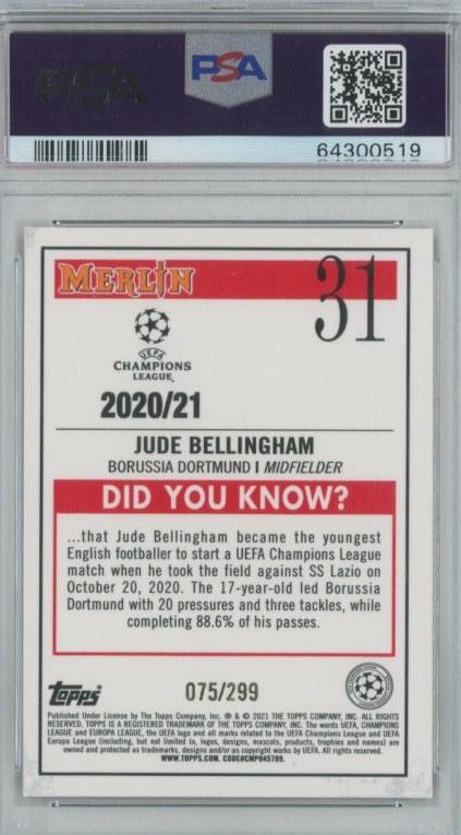 2020 Merlin Chrome UCL Jude Bellingham RC Purple Refractors/#31075/299PSA10 Borussia Dortmund