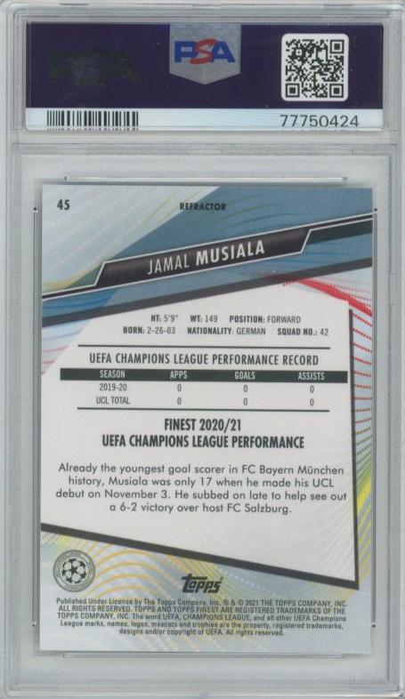 2020 Topps Finest UCL Jamal Musiala RC Refractors #45PSA9 FC Bayern Munchen