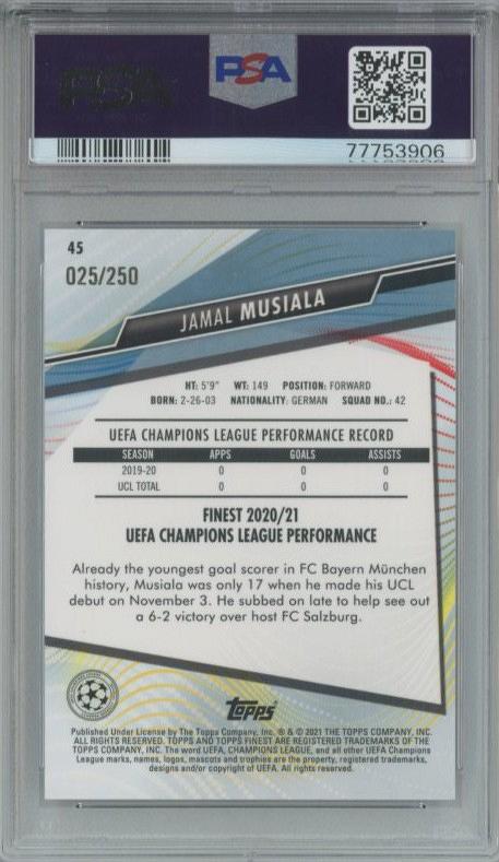 2020 Topps Finest UCL Jamal Musiala RC Purple Refractor #45025/250PSA9 FC Bayern Munchen