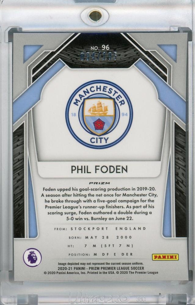 2020-21 Panini Prizm Premier League Breakaway Manchester City Phil Foden Base Blue Parallel card 094/195