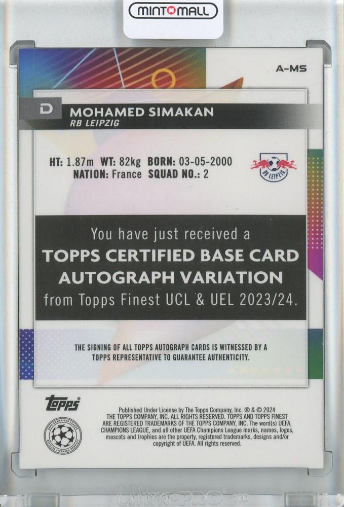 2023-24 Topps Finest UEFA Club Competitions Mohamed Simakan Base Autograph/Purple Shimmer/#A-MS150/199 RB Leipzig