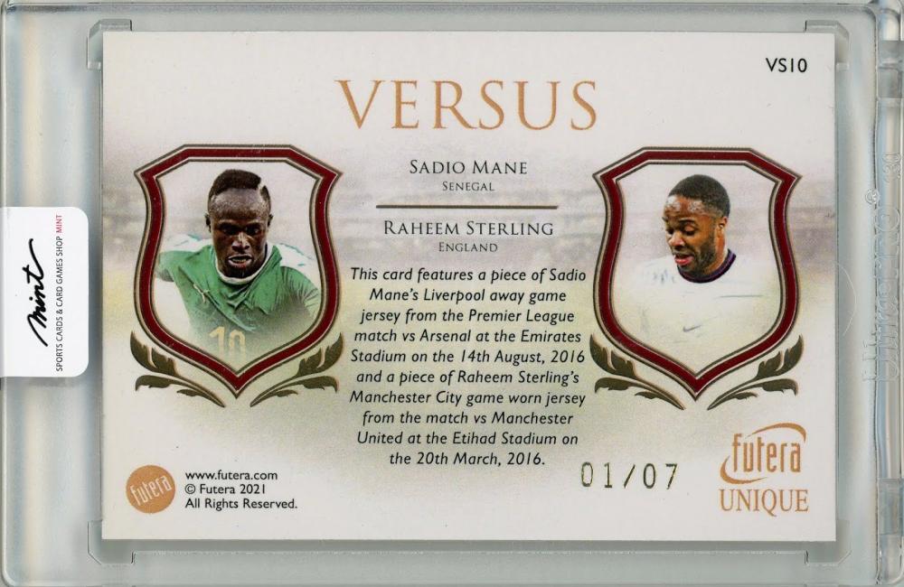 2021-22 FUTERA Unique Sadio Mane & Raheem Sterling Versus Duo Relic Ruby 7 Limited First Number 01/07