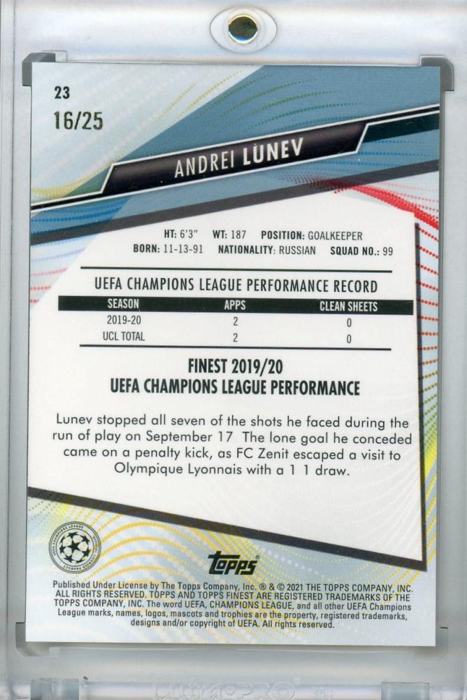 2020-21 Topps Finest UEFA Champions League FC Zenit Andrei Lunev Base Orange parallel card number 16 of 25 with minor stain on back