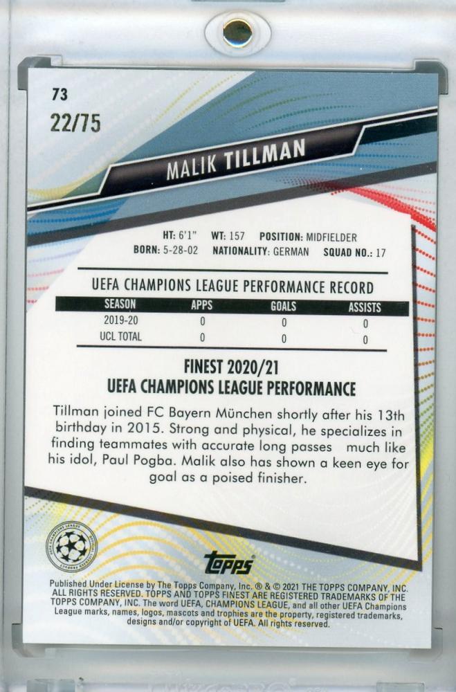 2020-21 Topps Finest UEFA Champions League Malik Tillman FC Bayern Munchen Base Aqua Parallel card 22 of 75