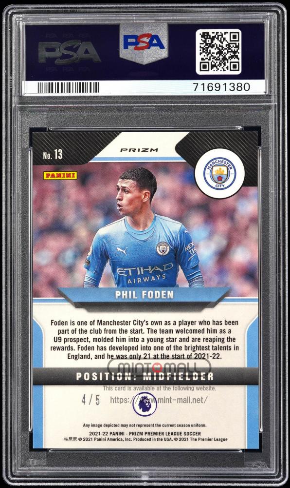 2021-22 Panini Prizm English Premier League #13 Phil Foden Prizms Green 4/5 PSA GEM MINT 10 Manchester City FC