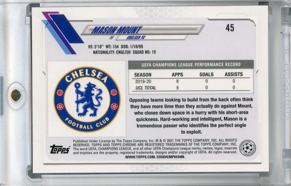 2020-21 Topps Chrome UEFA Champions League Chelsea FC Mason Mount Base Purple Carbon Fiber football trading card
