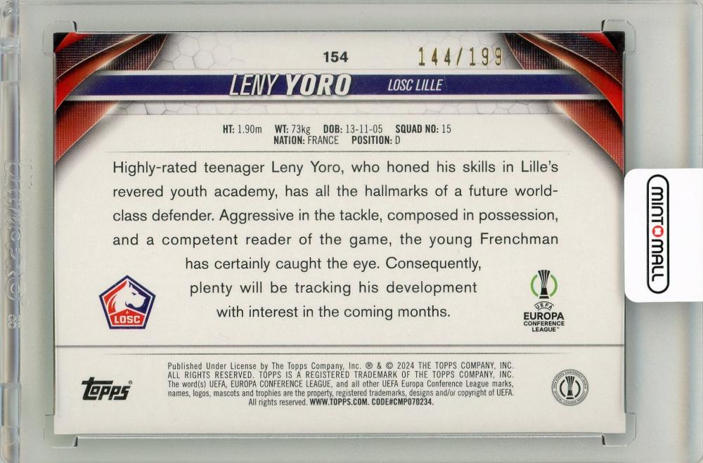 2023-24 Topps Chrome UEFA Club Competitions Leny Yoro Green Refractors 144/199 Losc Lille