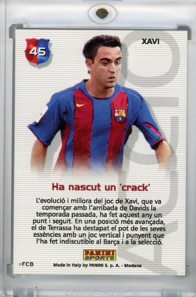 2004 Mega Cracks trading card of Xavi from FC Barcelona, number 45, showing player image and team details