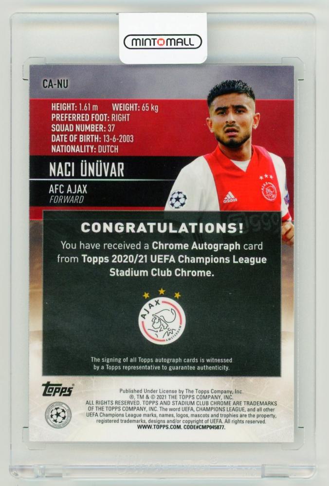 2020-21 Topps Stadium Club Chrome UEFA Champions League Naci Unuvar AutographsCA-NU AFC Ajax