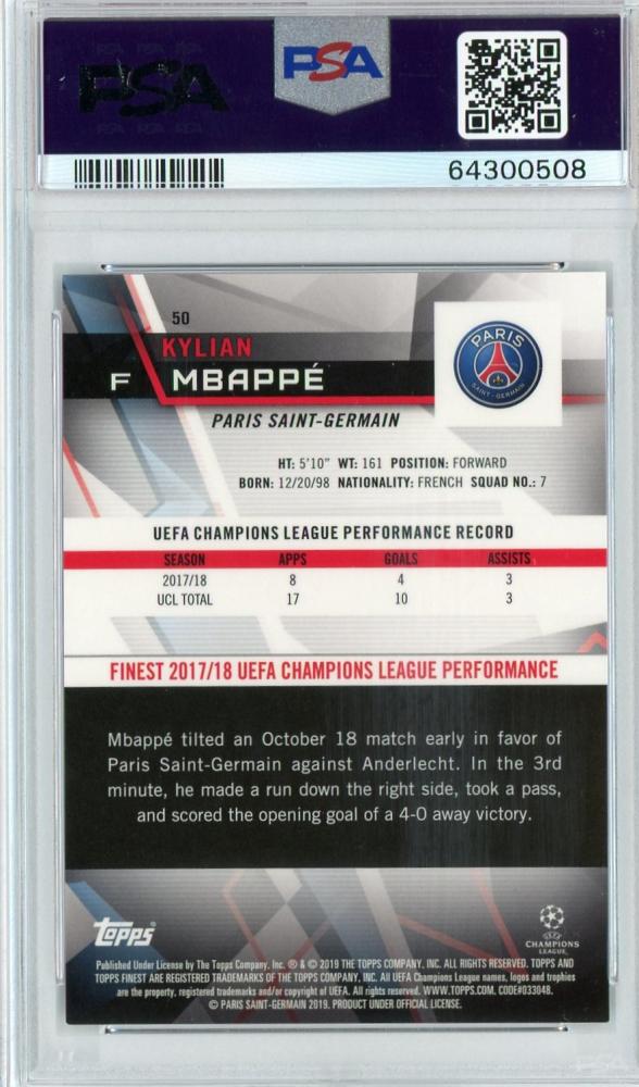 2018-19 Topps Finest UEFA Champions League Paris Saint-Germain Kylian Mbappe Base Purple trading card graded PSA 9