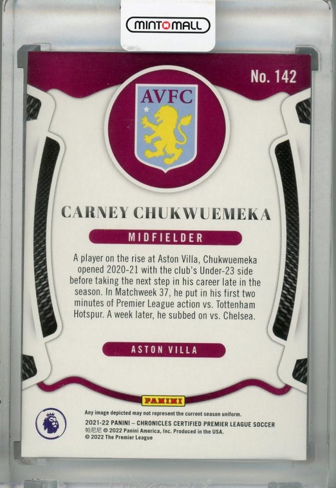 2021-22 Panini Chronicles Aston Villa Carney Chukwuemeka Certified Premier League Mirror Blue card serial 73/99