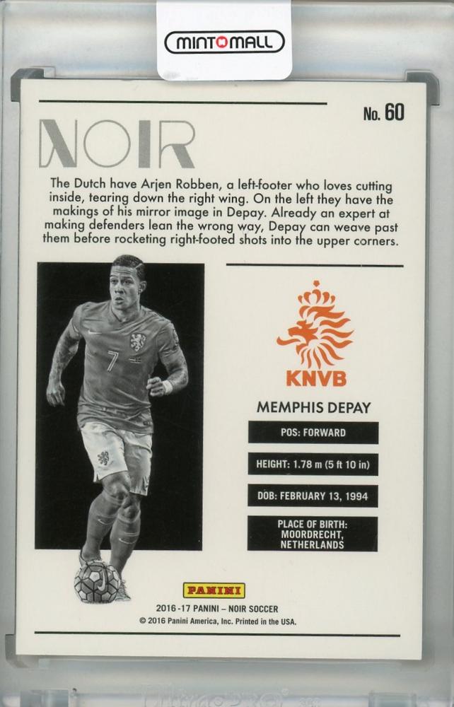 2016-17 Panini Noir trading card of Memphis Depay from Netherlands team, serial number 42 out of 75
