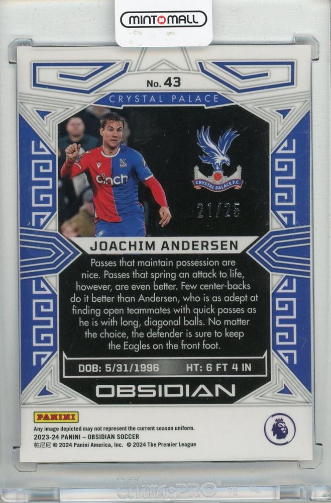 2023-24 PANINI Obsidian Joachim Andersen Electric Etch Purple Flood #4321/25 Crystal Palace