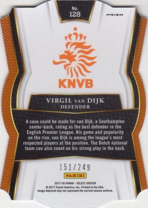 2017-18 Panini Select Virgil Van Dijk No.128 Prizm trading card numbered 151 of 249