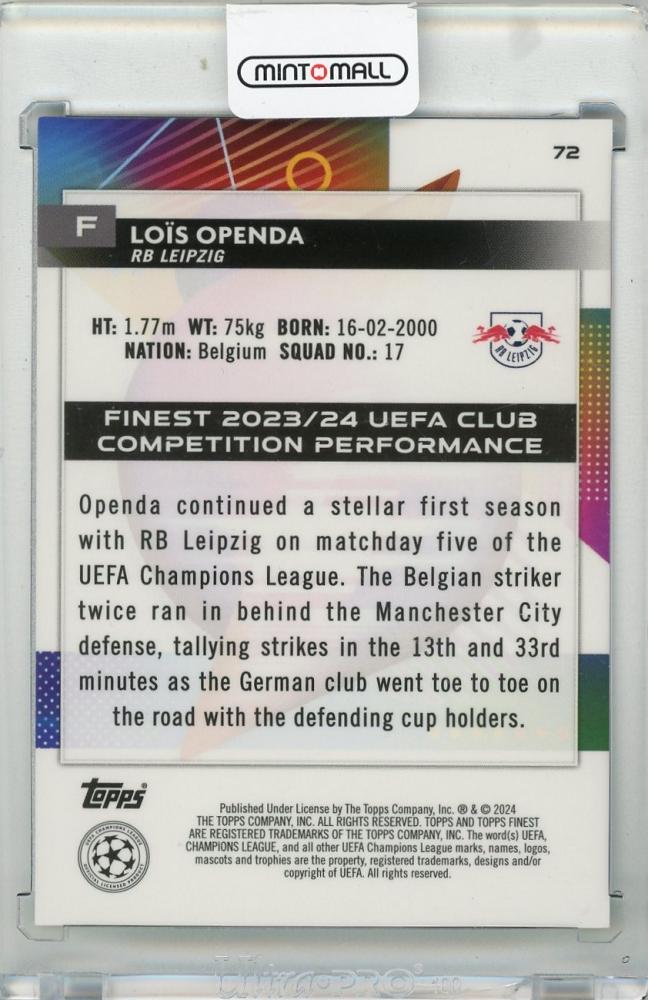 2023-24 TOPPS Finest UEFA Club Competitions Lois Openda Green Lava Refractors #7213/99 RB Leipzig