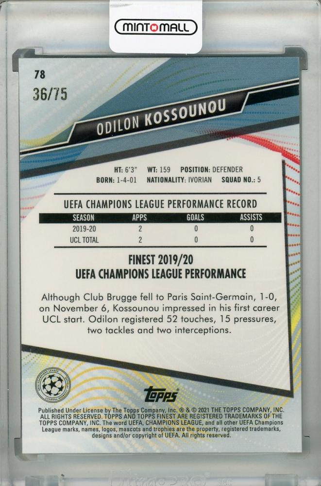2020-21 Topps Finest UEFA Champions League Odilon Kossounou Club Brugge Aqua Parallel trading card 36 of 75