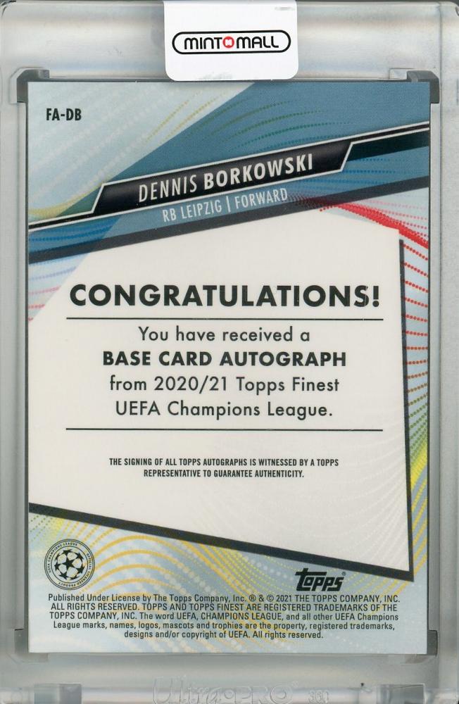 2020-21 Topps Finest UEFA Champions League trading card featuring RB Leipzig's Dennis Borkowski with autograph