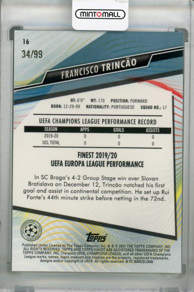 2020-21 Topps Finest UEFA Champions League FC Barcelona Francisco Trincao Neon Green parallel rookie card numbered 34 of 99