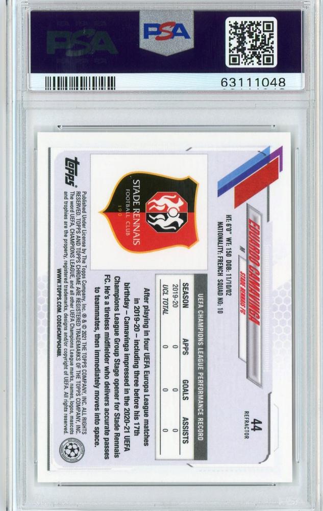 2020-21 Topps Chrome UEFA Champions League Eduardo Camavinga Base Refractor rookie card PSA 10