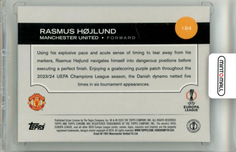 2024-25 Topps Chrome UEFA Club Competitions Rasmus Hojlund #184 Base Aqua Refractor Parallel065/199 Manchester United