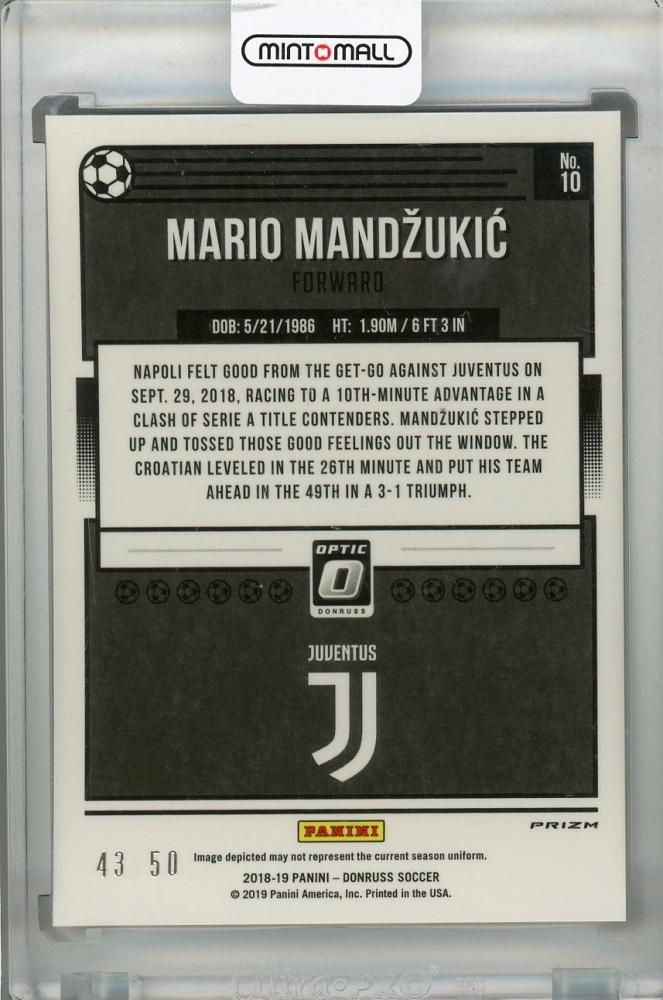 2018-19 Donruss Juventus Mario Mandzukic Base Optic Red Velocity parallel sports card, serial number 43/50