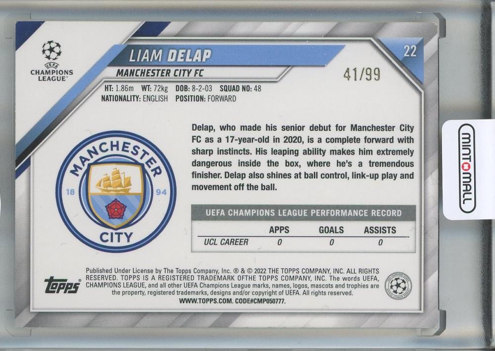 2021-22 Topps UEFA Champions League Liam Delap Icy Blue Foil RC41/99 Manchrster City