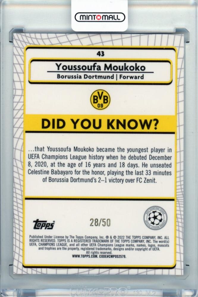 2021-22 TOPPS MERLIN UEFA Club Competition Borussia Dortmund Youssoufa Moukoko #43 Gold Atomic Refractor 28/50