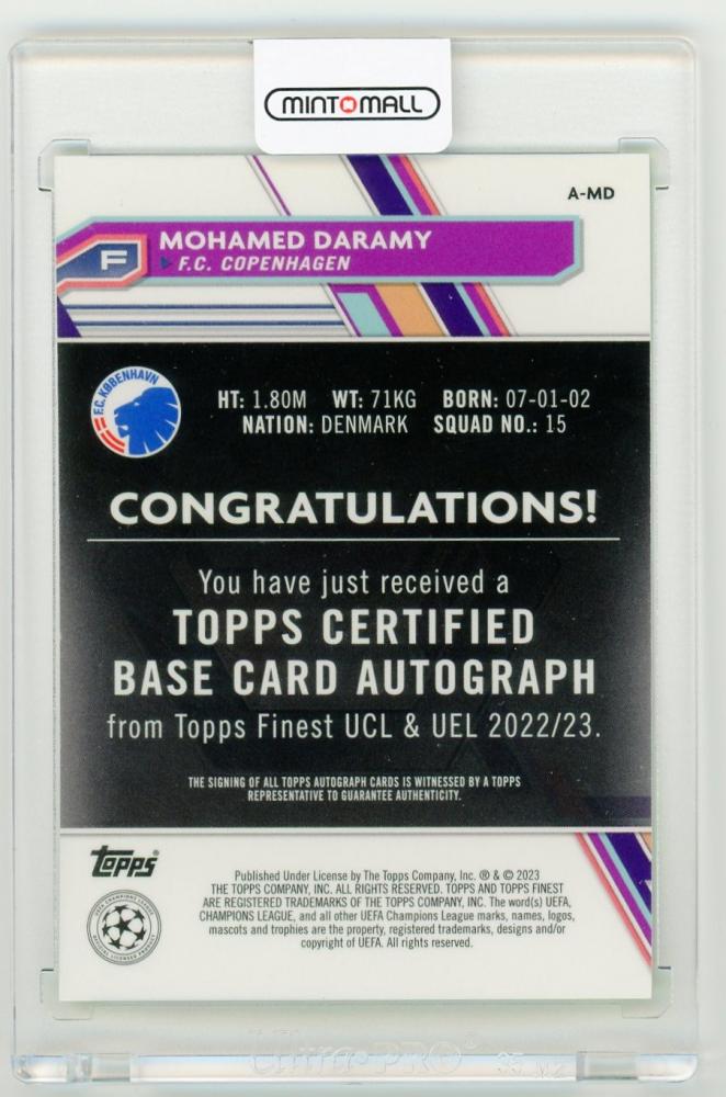 2022-23 Topps Finest UEFA Club Competitions Mohamed Daramy Autographs Neon Green Refractors Parallels 65/99 F.C. Copenhagen