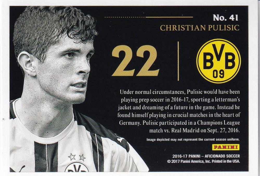 2016-17 Panini Aficionado Christian Pulisic base trading card from Borussia Dortmund
