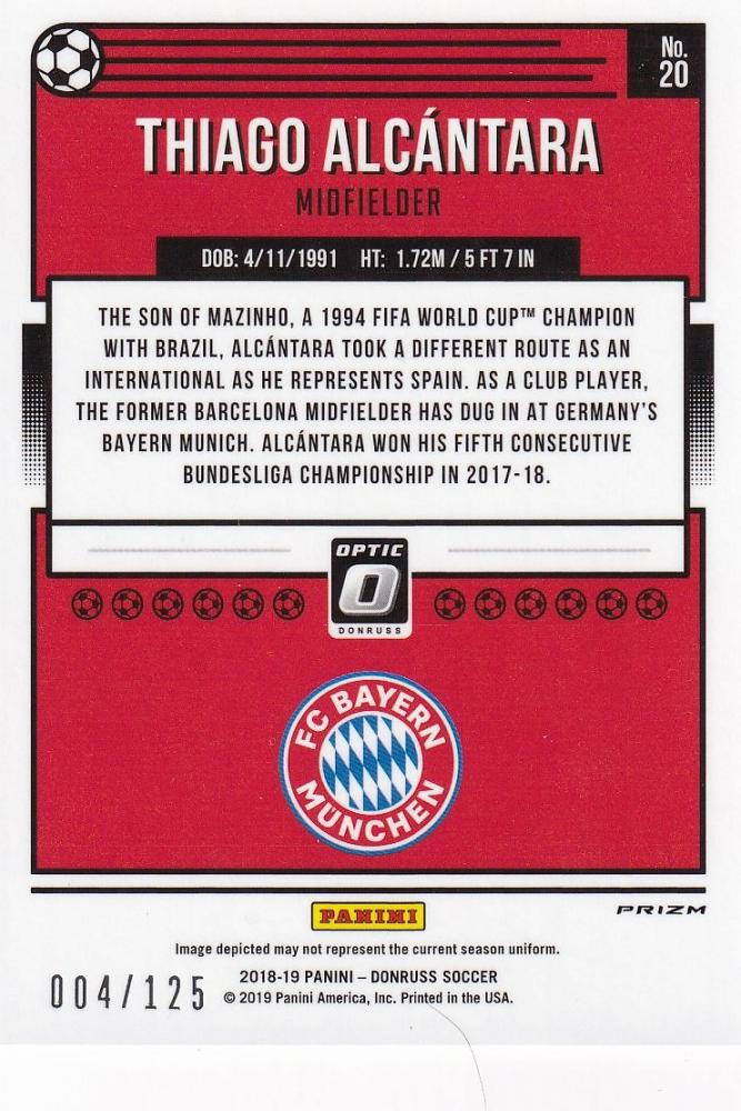 2018-19 Panini Donruss Thiago Alcantara FC Bayern Munich Purple Velocity parallel card numbered 004/125