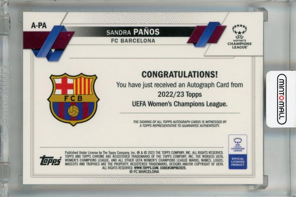 2022-23 Topps Chrome UEFA Women’s Champions League Sandra Panos Chrome Autographs #A-PA *minor stain on back FC Barcelona