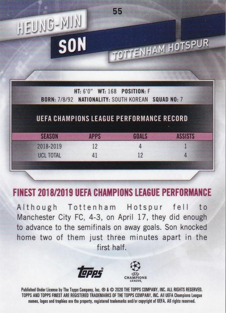 2019-20 Topps Finest UEFA Champions League Heung-Min Son Tottenham Hotspur soccer trading card purple parallel 075/250 with minor stain