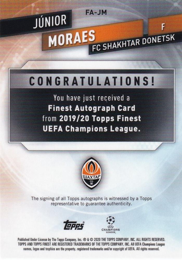2019-20 Topps Finest UEFA Champions League soccer card featuring Junior Moraes autograph Green parallel numbered 91 of 99