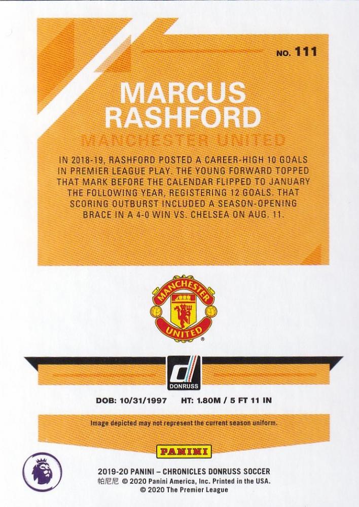2019-20 Panini Chronicles Manchester United Marcus Rashford Donruss Premier League Blue Parallel card 60/75