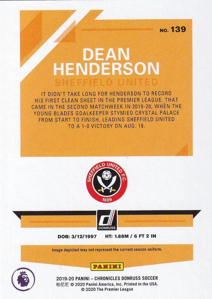 2019-20 Panini Chronicles Sheffield United Dean Henderson Base Donruss Premier League Gold Parallel trading card numbered 04/25
