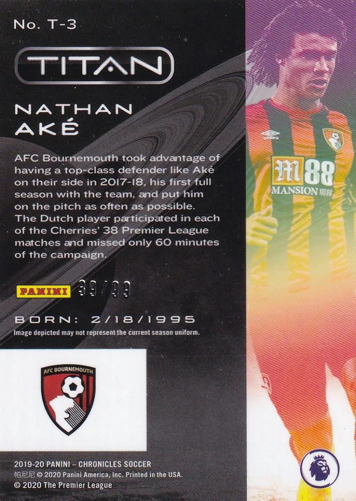 2019-20 Panini Chronicles AFC Bournemouth Nathan Ake Titan Blue Ice Parallel card serial 39 out of 99