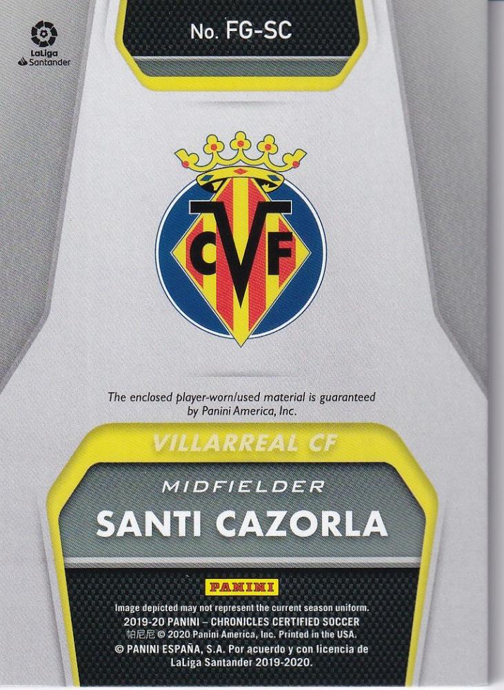 2019-20 Panini Chronicles Villarreal CF Santi Cazorla Fabric of the Game Prime Parallels card numbered 47/50