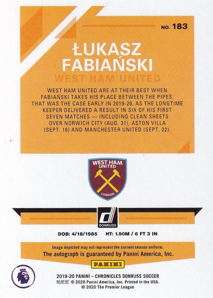 2019-20 Panini Chronicles West Ham United Lukasz Fabianski Base Donruss Signature Edition card 081/100