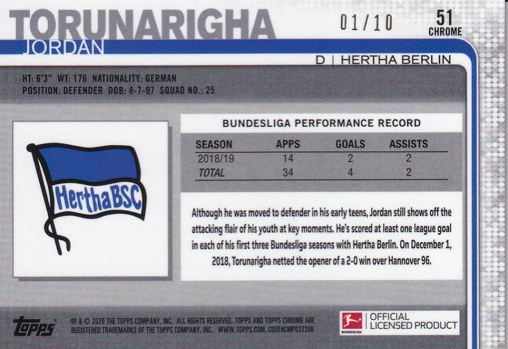 2019-20 Topps Chrome Bundesliga Hertha Berlin Jordan Torunarigha Base Red parallel card numbered 01/10