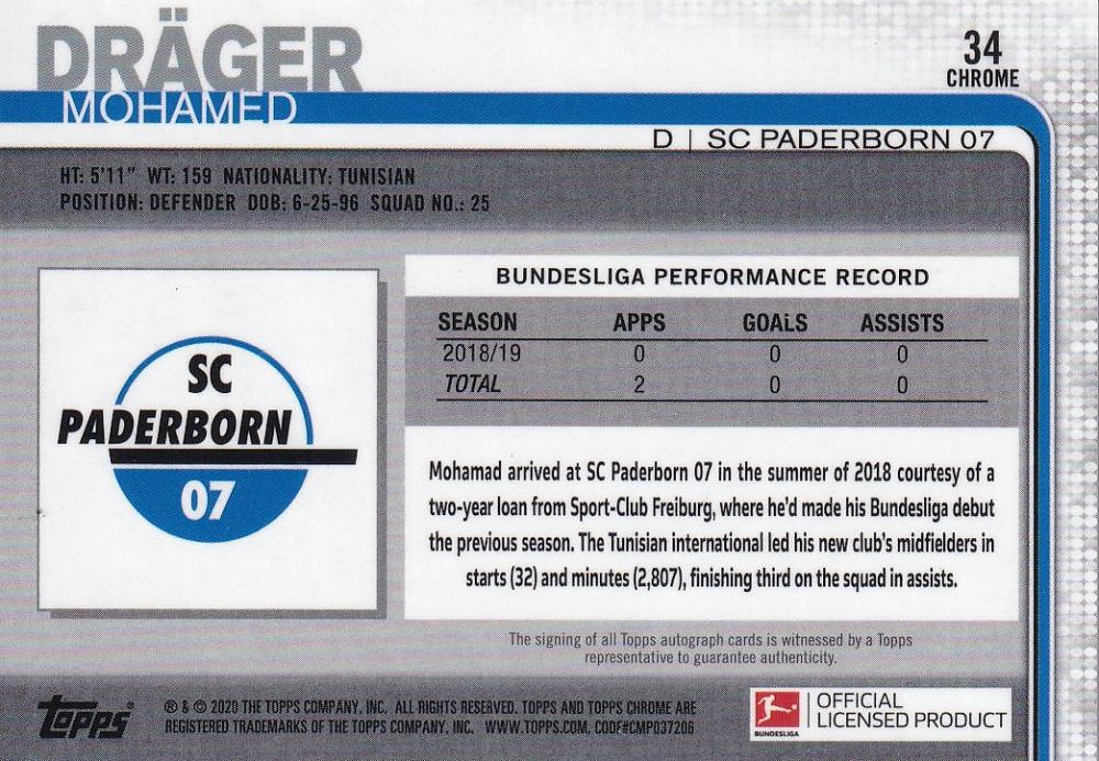2019-20 Topps Chrome Bundesliga SC Paderborn 07 Mohamed Drager base autograph trading card