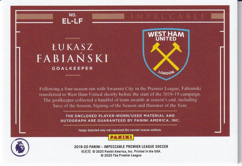 2019-20 Panini Impeccable Premier League Lukasz Fabianski autographed trading card serial 27 of 99