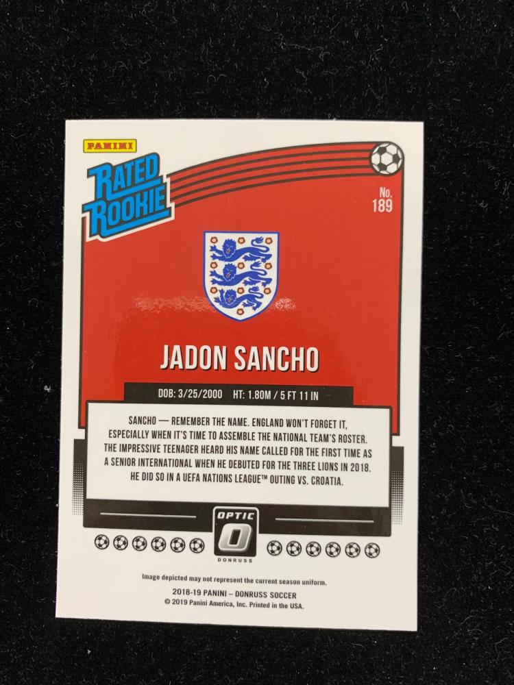 2018-19 Panini Donruss England Jadon Sancho base optic trading card featuring the football player